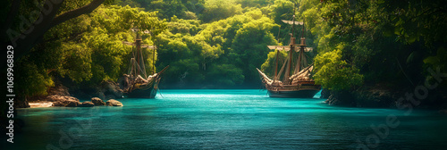 Panel kuchenny z motywem Secret Pirate's Cove with Moored Ships on a Tropical Island black background 