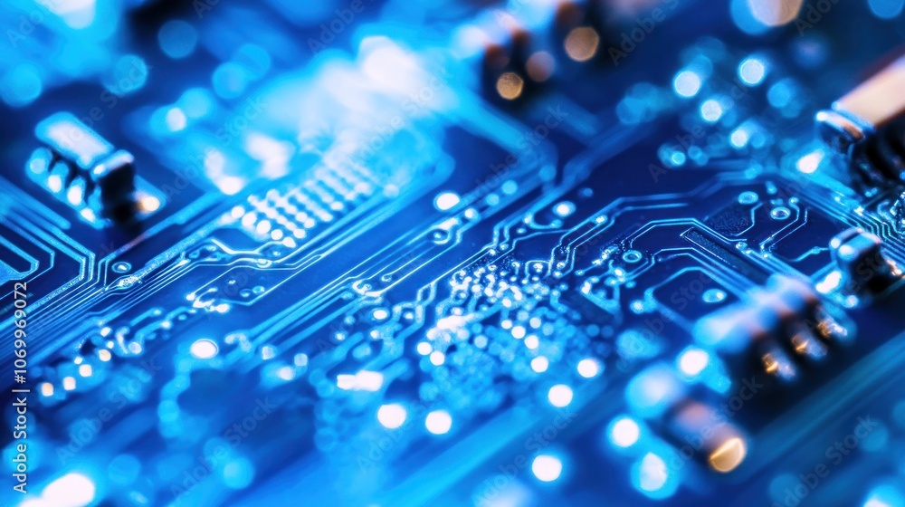 Close-up of a circuit board with blue and yellow lights. Close-up of a circuit board with blue and yellow lights.