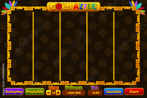 Casino slot machine game UI design, gambling mobile app concept for the Gold Aztec themed Casino Game. The Golden game user interface with basic buttons