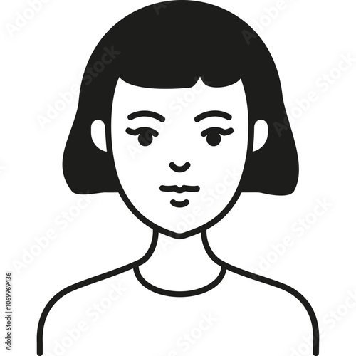 A Simple Line Drawing of a Woman With a Bob Haircut, Featuring Neutral Expression and Minimalistic Style in Black and White Illustration