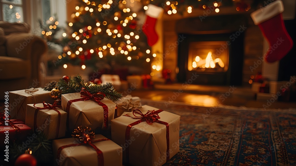 Christmas Presents by Fireplace. Image Illustration background for presentation and wallpaper Beautiful picture Christmas Presents by Fireplace. Image Illustration background for presentation and wallpaper Beautiful picture