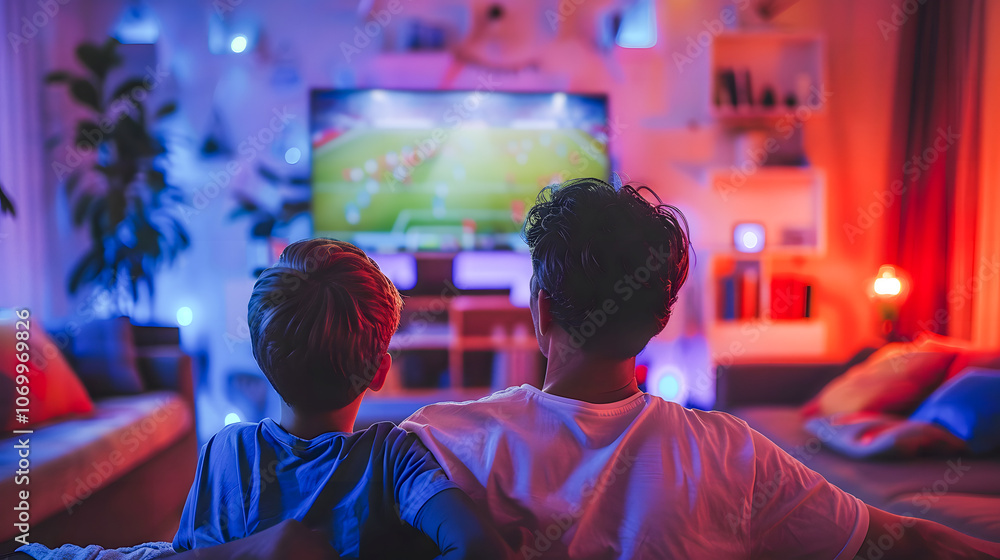 A father and a young son watch a professional football match on TV, sitting at home on the couch in the evening. Football fans watching sports A father and a young son watch a professional football match on TV, sitting at home on the couch in the evening. Football fans watching sports