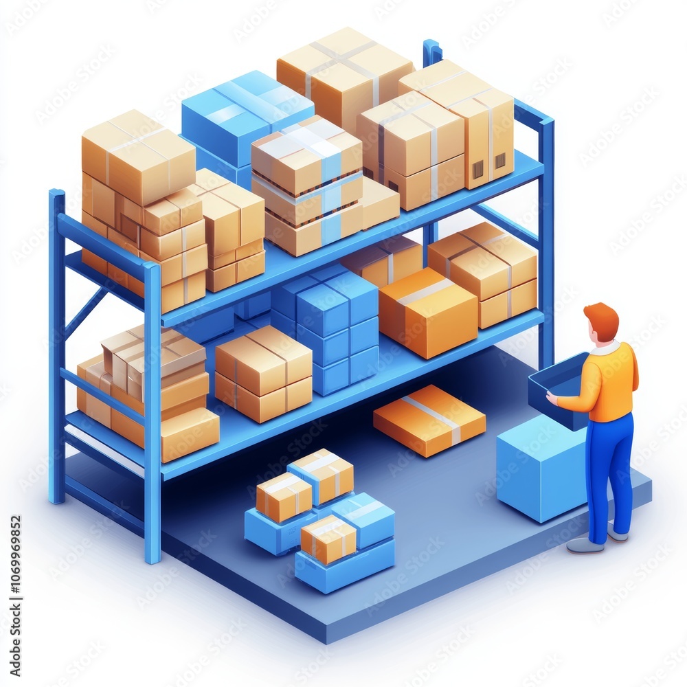 Isometric Warehouse Inventory Management Boxes Shelves Worker Isometric Warehouse Inventory Management Boxes Shelves Worker