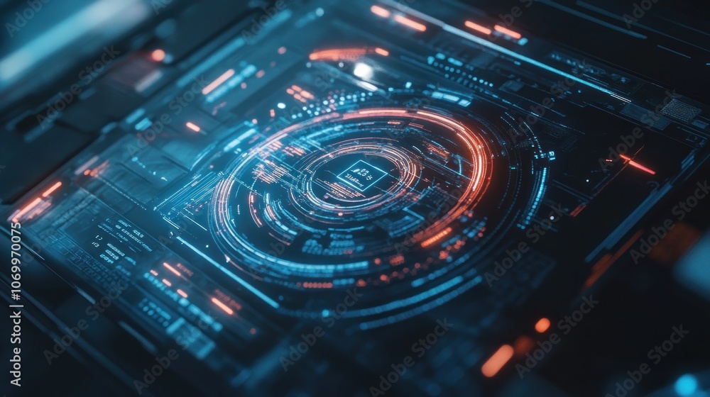 A futuristic interface with a central circular display with red and blue lights in a dark environment. A futuristic interface with a central circular display with red and blue lights in a dark environment.