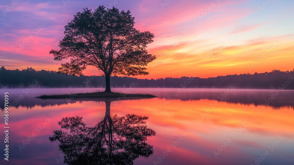Fototapeta premium The powerful silhouette of trees reflected in the water is set against the backdrop of the colorful twilight sky.