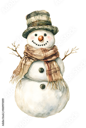 classical watercolor snowman on the transparent background