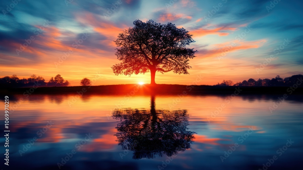 Fototapeta premium The powerful silhouette of trees reflected in the water is set against the backdrop of the colorful twilight sky.