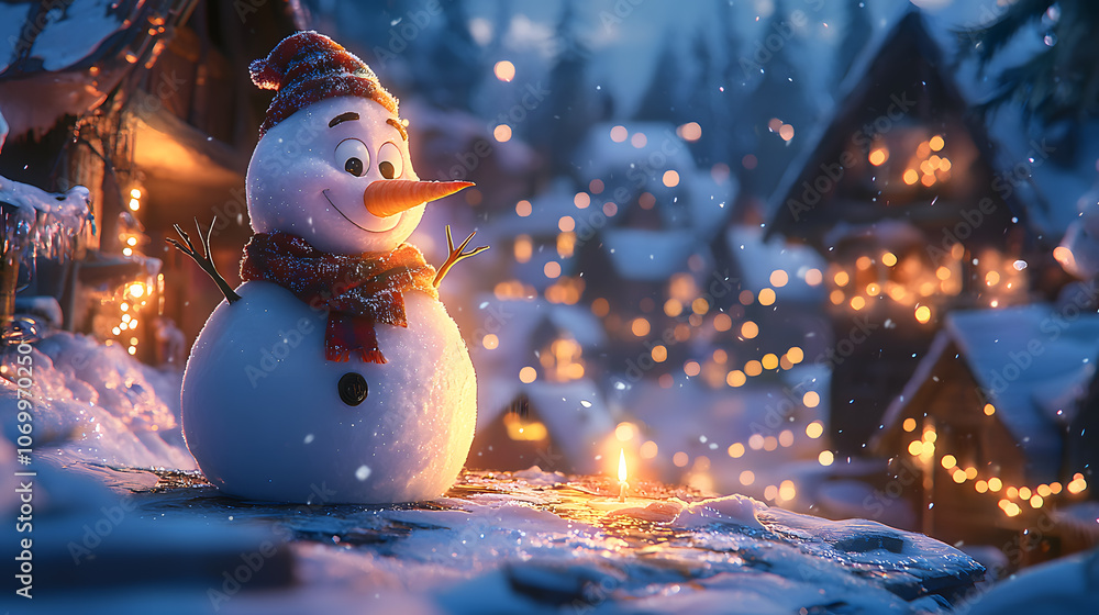 Obraz premium a cute tiny snowman with candlelit on the snow christmas winter background