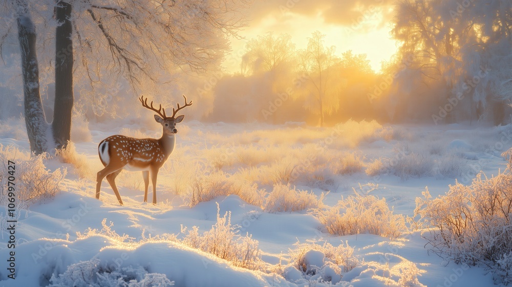 Deer in a snowy field surrounded by frost-covered trees in early morning light Deer in a snowy field surrounded by frost-covered trees in early morning light