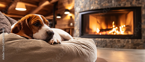 Petit Basset Griffon Vendeen Dog Relaxing In A Cozy Bed photo