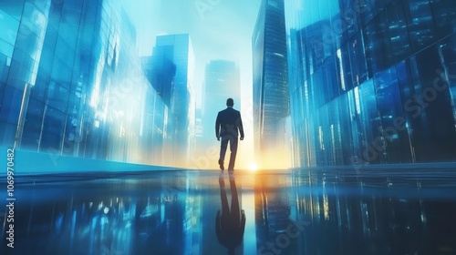 A silhouette of a businessman stands in a futuristic cityscape at sunrise.