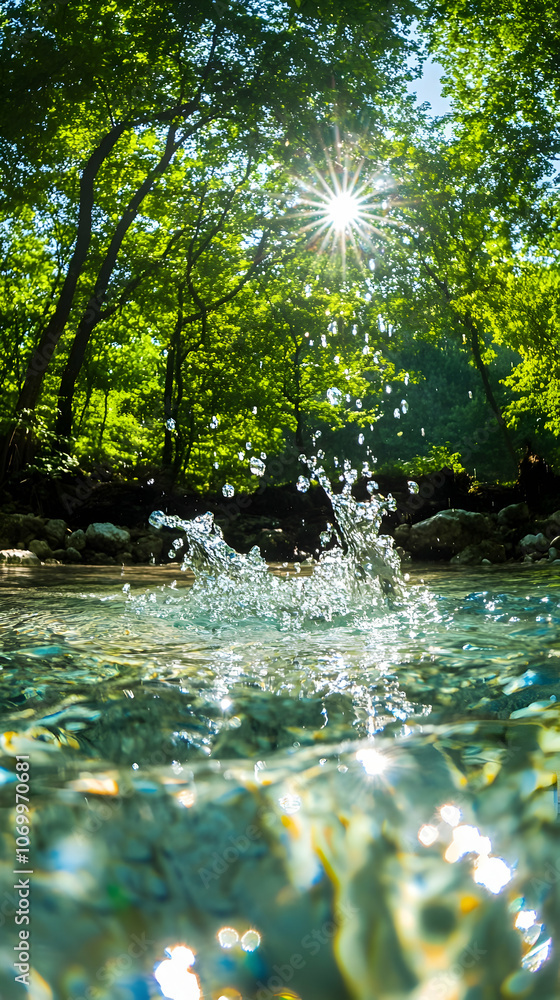Crystal clear water splash with a vibrant green nature background in bright sunlight - Crystal clear water splash with a vibrant green nature background in bright sunlight -