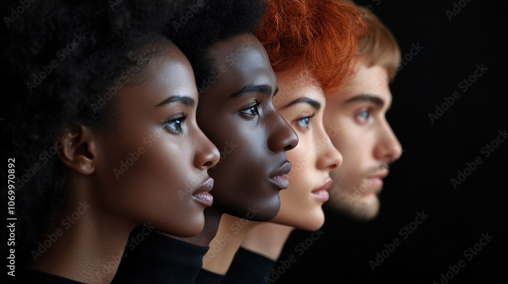 Profile view of diverse men and women in a vertical arrangement Profile view of diverse men and women in a vertical arrangement
