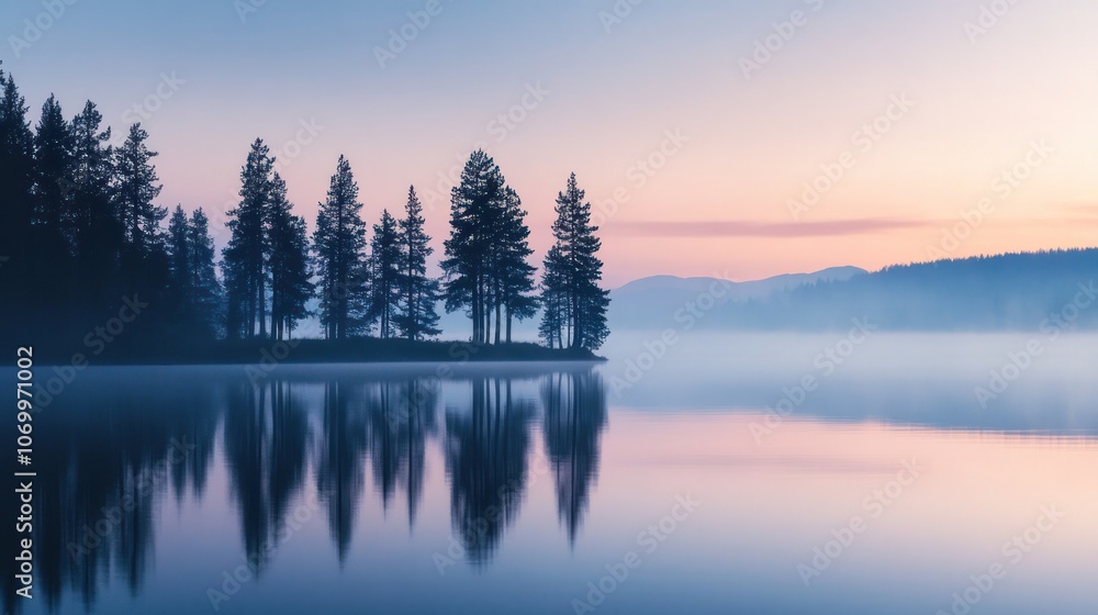 A serene landscape featuring a silhouette of a group of tall trees along the edge of a tranquil lake at dusk. A serene landscape featuring a silhouette of a group of tall trees along the edge of a tranquil lake at dusk.