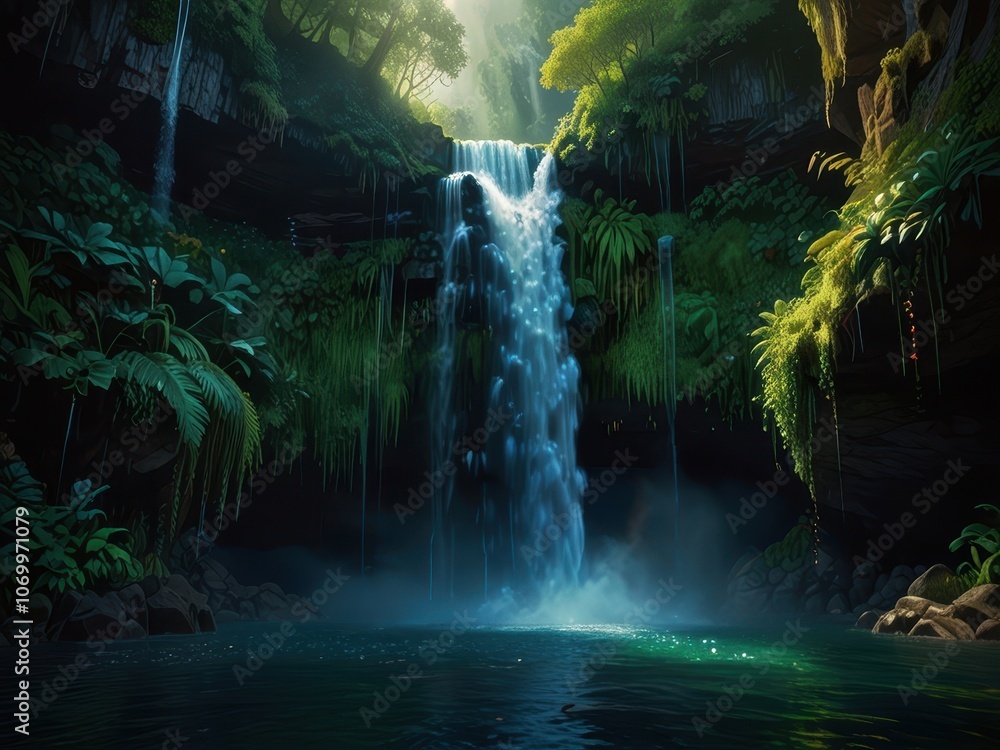 Tranquil Waterfall in Lush Jungle Tranquil Waterfall in Lush Jungle