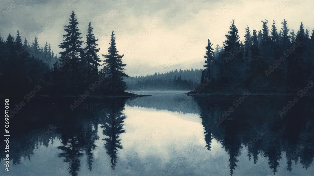 Obraz premium A serene landscape featuring a silhouette of a group of tall trees along the edge of a tranquil lake at dusk.