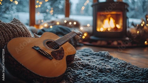 Acoustic Guitar Near Fireplace In Cozy Cabin. Image Illustration background for presentation and wallpaper Beautiful picture