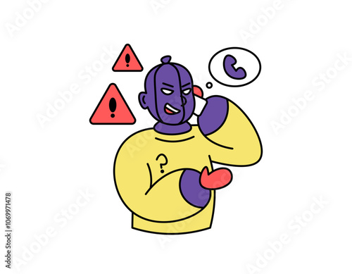 illustration of a fraudster trying to spam calls to potential victims. fraud mode via telephone. Be careful of calls from unknown or fraudulent numbers. outline style character design. elements
