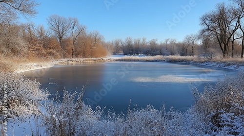 Frozen lake surrounded by snow-dusted trees under a clear, blue sky