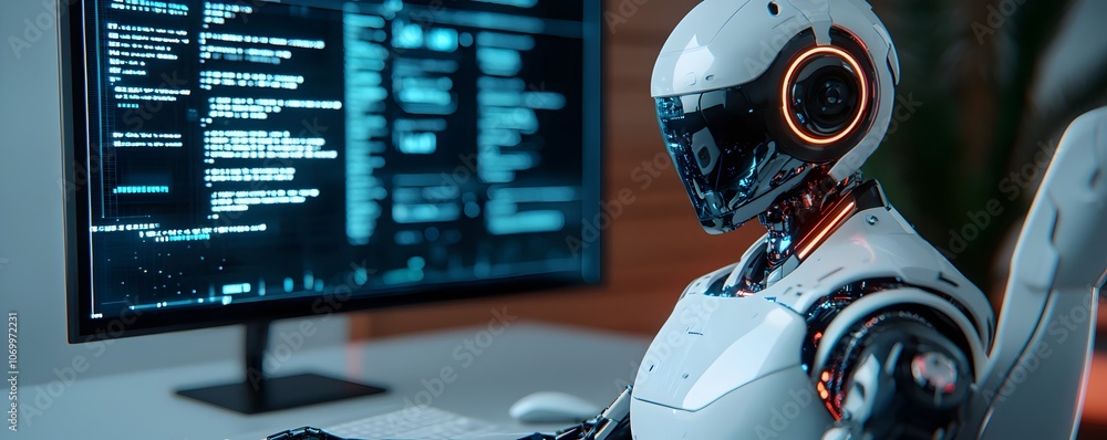 Futuristic Robot Working at Computer Desk Futuristic Robot Working at Computer Desk