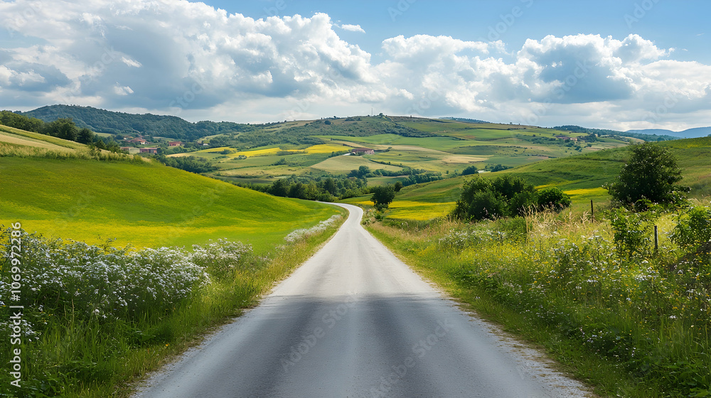 Empty asphalt road through a picturesque countryside, symbolizing travel and journey - Empty asphalt road through a picturesque countryside, symbolizing travel and journey -