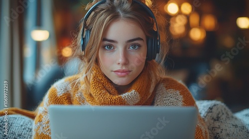 Focused female adult student in headphones using laptop, 