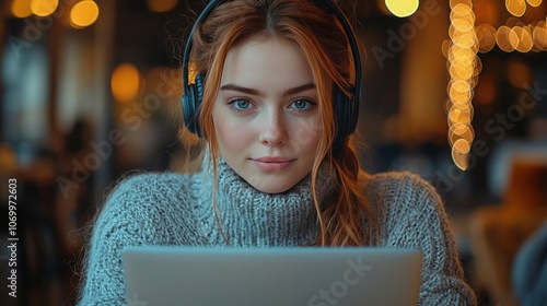 Focused female adult student in headphones using laptop, 