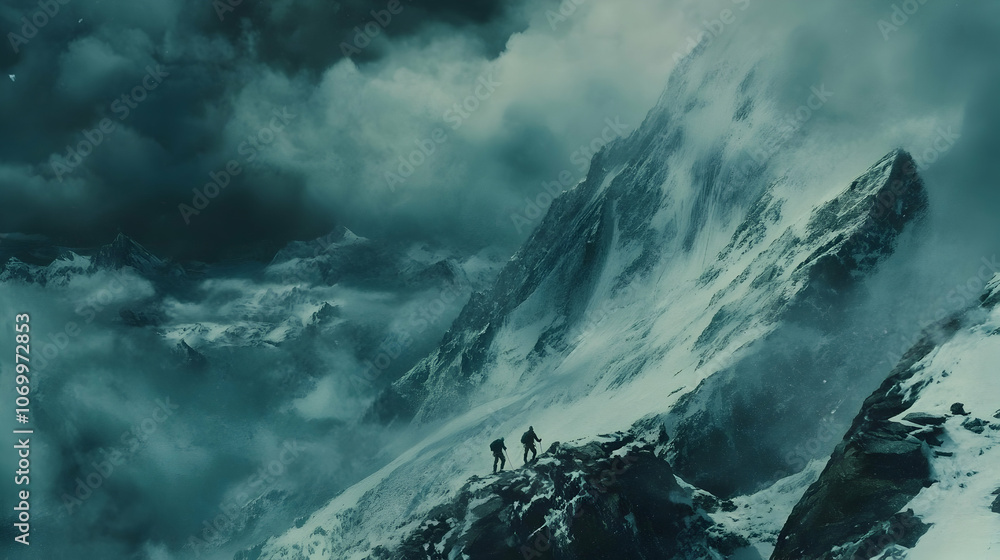 Two climbers silhouetted against a stormy, snow-covered mountain peak. Two climbers silhouetted against a stormy, snow-covered mountain peak.