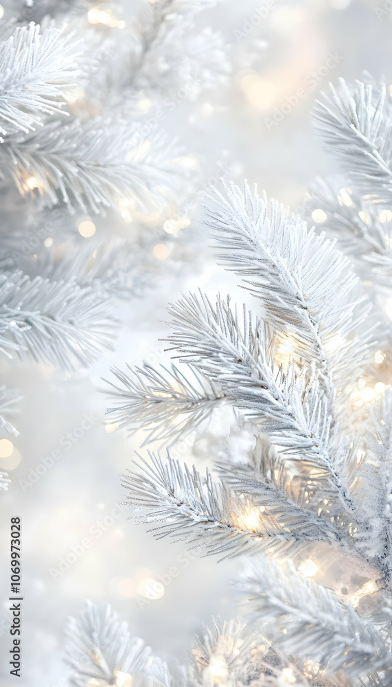 Festive white Christmas background with frosty spruce branches and glowing holiday lights - Festive white Christmas background with frosty spruce branches and glowing holiday lights -