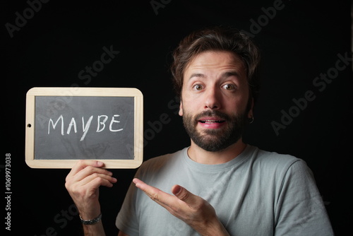 Caucasian Man holding a Chalkboard with the Handwritten word  