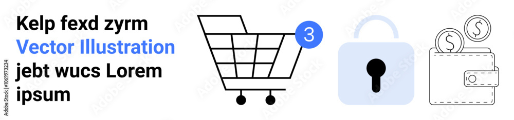 Shopping cart with notification, lock symbol, wallet with coins. Ideal for e-commerce, online shopping, security, financial services, internet privacy, user notifications, web and app interfaces Shopping cart with notification, lock symbol, wallet with coins. Ideal for e-commerce, online shopping, security, financial services, internet privacy, user notifications, web and app interfaces