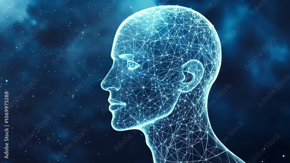 Artificial intelligence concept with a human head made of connecting lines and dots representing the neural network, symbolizing the future of ai Artificial intelligence concept with a human head made of connecting lines and dots representing the neural network, symbolizing the future of ai