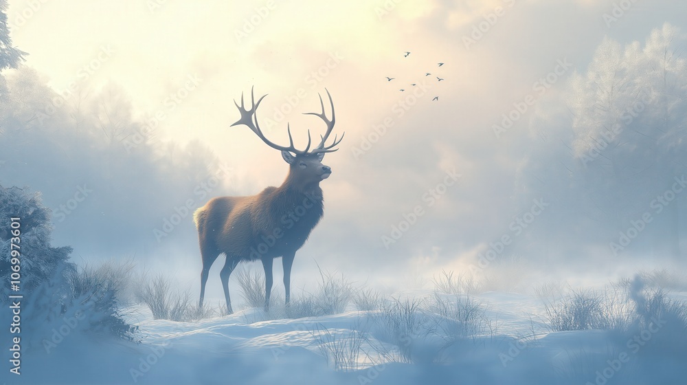 Fototapeta premium Majestic deer standing in a snowy meadow with a soft, foggy background