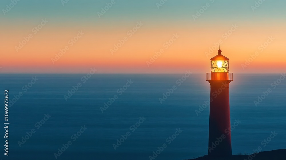 a lighthouse illuminated at dusk, standing alone against a backdrop of the vast Pacific Ocean horizon