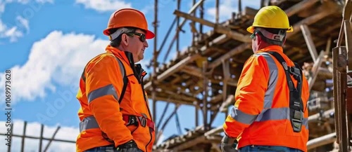 Two men in orange safety gear stand on a construction site. 
