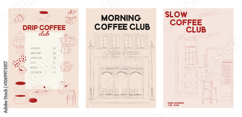 Collection of Coffee Club posters. Coffee aesthetic illustration. Editable vector illustration.