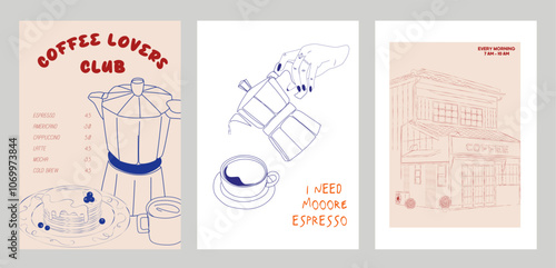 Collection of Coffee Club posters. Coffee aesthetic illustration. Editable vector illustration.