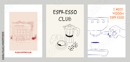 Collection of Coffee Club posters. Coffee aesthetic illustration. Editable vector illustration.