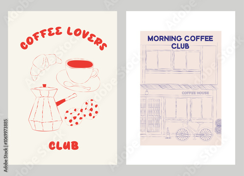 Collection of Coffee Club posters. Coffee aesthetic illustration. Editable vector illustration.