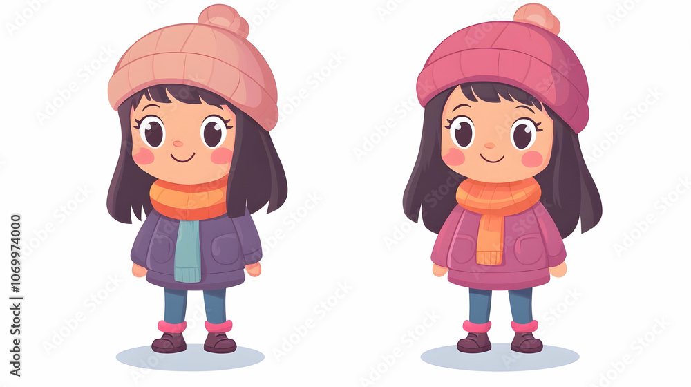 Two cute cartoon girls in winter clothes with a pink beanie, scarf, and jacket. Two cute cartoon girls in winter clothes with a pink beanie, scarf, and jacket.