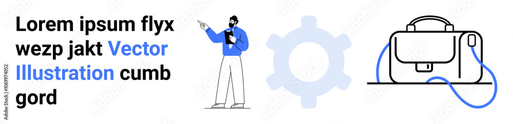 Business character giving presentation beside abstract gear and briefcase icons. Ideal for business presentations, educational materials, corporate branding, marketing, website design, infographics Business character giving presentation beside abstract gear and briefcase icons. Ideal for business presentations, educational materials, corporate branding, marketing, website design, infographics