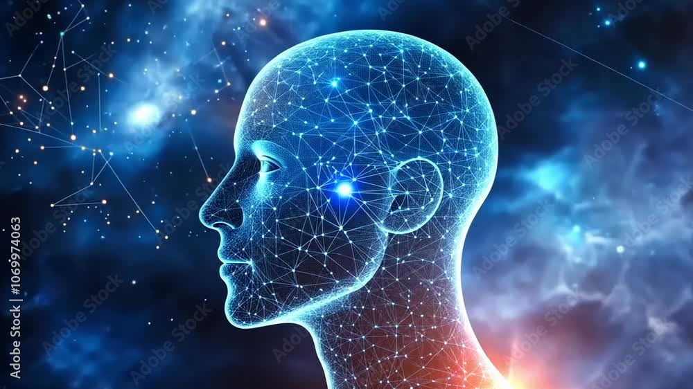 Artificial intelligence concept with a human head made of connecting lines and dots representing the neural network, symbolizing the future of ai Artificial intelligence concept with a human head made of connecting lines and dots representing the neural network, symbolizing the future of ai
