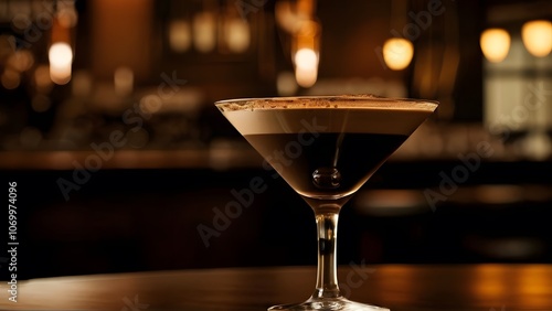 Wallpaper Mural Espresso Martini in a Tall Martini Glass on the Counter of a Dark Cozy Bar. Concept: Classic Cocktail, Nightlife Ambiance, and Sophisticated Indulgence Torontodigital.ca