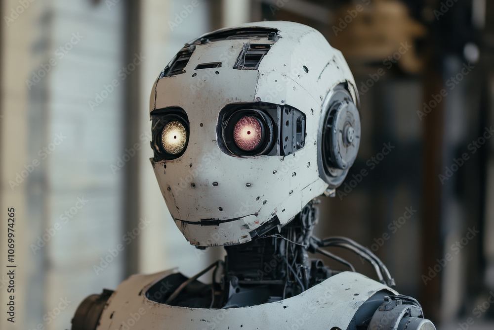 Fototapeta premium A futuristic humanoid robot with intricate design and glowing eyes in a technological setting, showcasing advanced robotics and AI development.