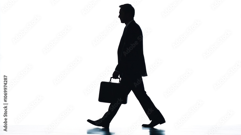 Side view silhouette of a businessman holding a briefcase, walking forward with purposeful strides Side view silhouette of a businessman holding a briefcase, walking forward with purposeful strides