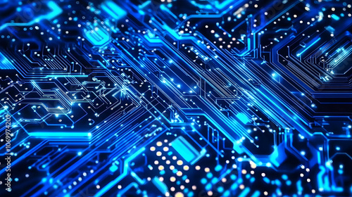 Futuristic blue circuit board design showcasing intricate patterns and connections, ideal for technology and digital themes.