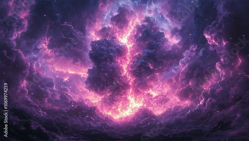 A dark purple energy explosion in the center of an anime cartoon background, with pink lightning and many small shapes flying around it.