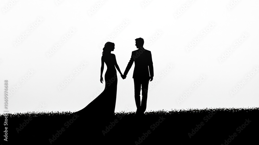 A silhouette of a bride and groom standing face-to-face with the bride's veil flowing behind her on a white background A silhouette of a bride and groom standing face-to-face with the bride's veil flowing behind her on a white background