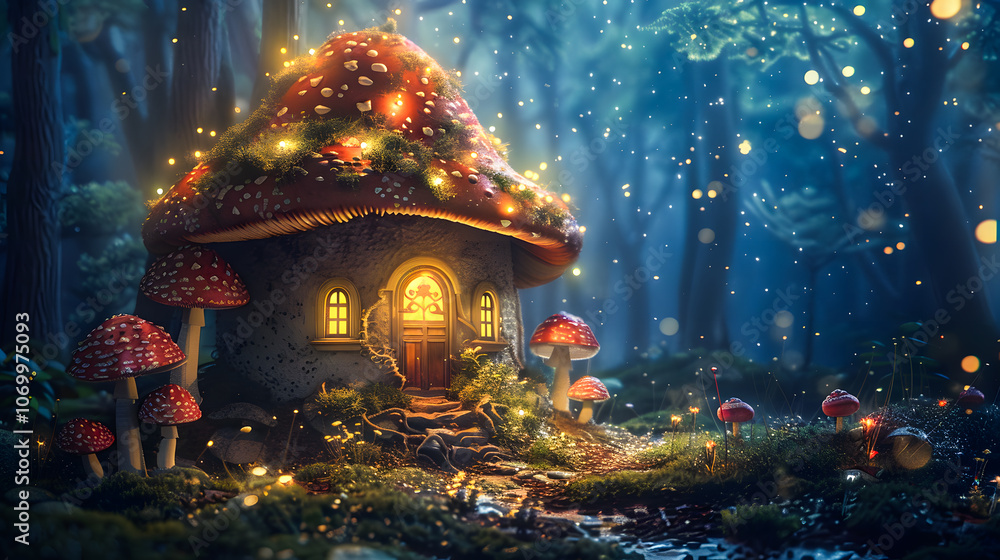 Obraz premium A painting of a mushroom house in a forest at night with lights on the roof and mushrooms around the mushroom house and mushrooms on the ground
