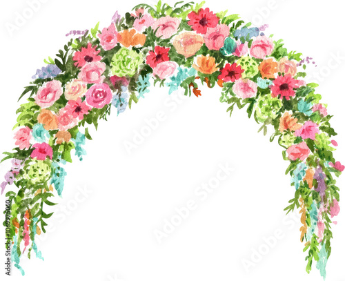 Handdrawn Watercolor Archway of Various Colorful Flowers